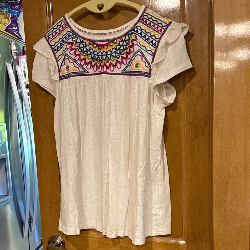 Double D Ranch White Blouse with Multicolor Embroidery
